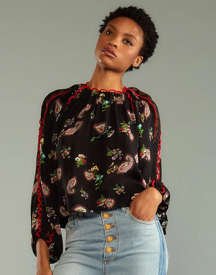 Women Cynthia Rowley Tops Midnight Garden Blouse Blkfl Women Cynthia Rowley Tops Midnight Garden Blouse Blkfl