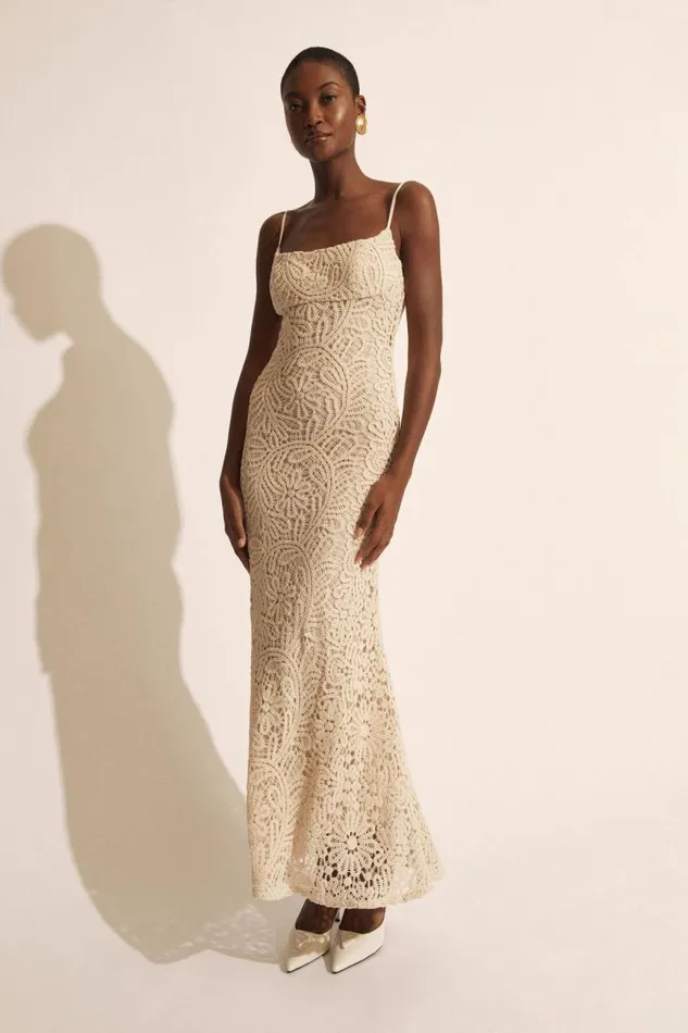 Women Day To Night Dresses Bardot Adoni Crochet Midi Dress In Lght Beige Lght Beige