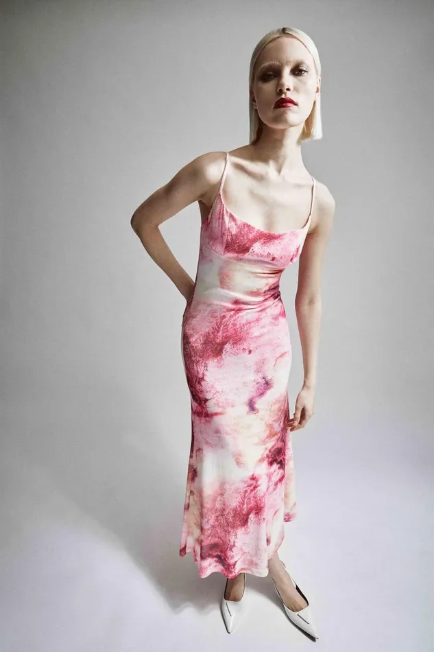 Women Day To Night Dresses Bardot Adoni Printed Mesh Midi Dress In Pink T Dye Pink T Dye