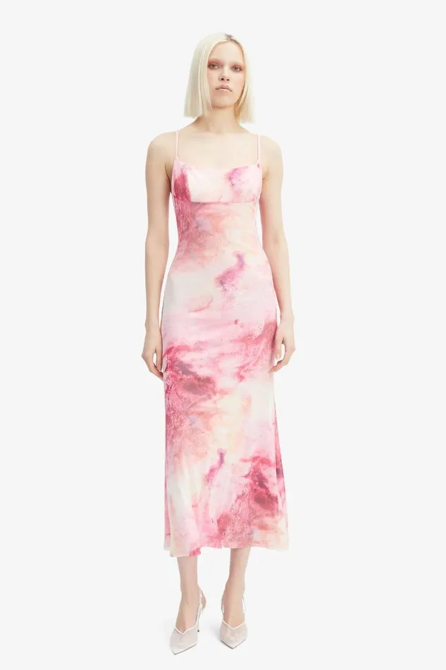 Women Day To Night Dresses Bardot Adoni Printed Mesh Midi Dress In Pink T Dye Pink T Dye
