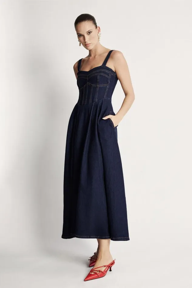 Women Day To Night Dresses Bardot Lilah Denim Midi Dress In Dark Dark