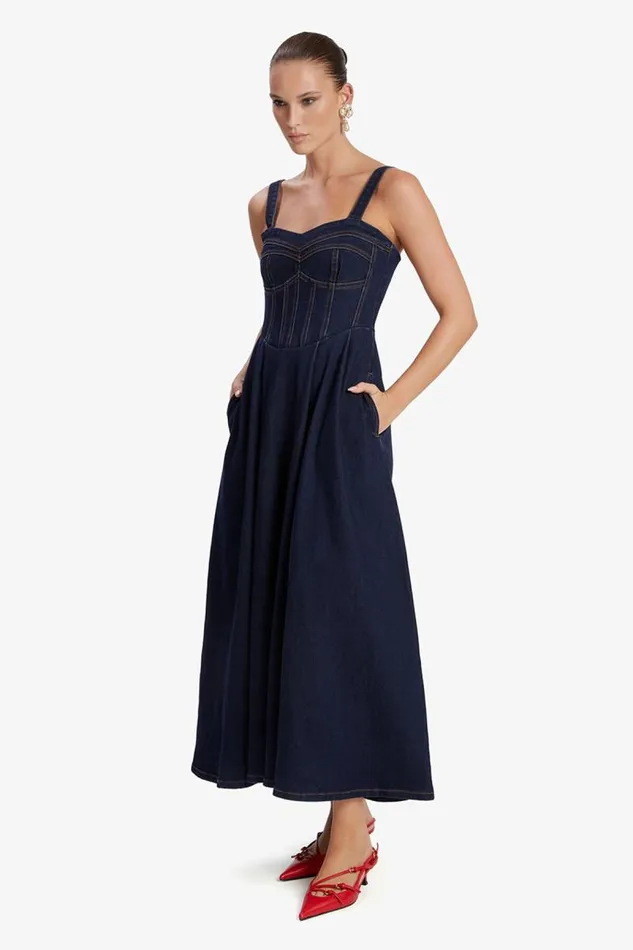 Women Day To Night Dresses Bardot Lilah Denim Midi Dress In Dark Dark Women Day To Night Dresses Bardot Lilah Denim Midi Dress In Dark Dark