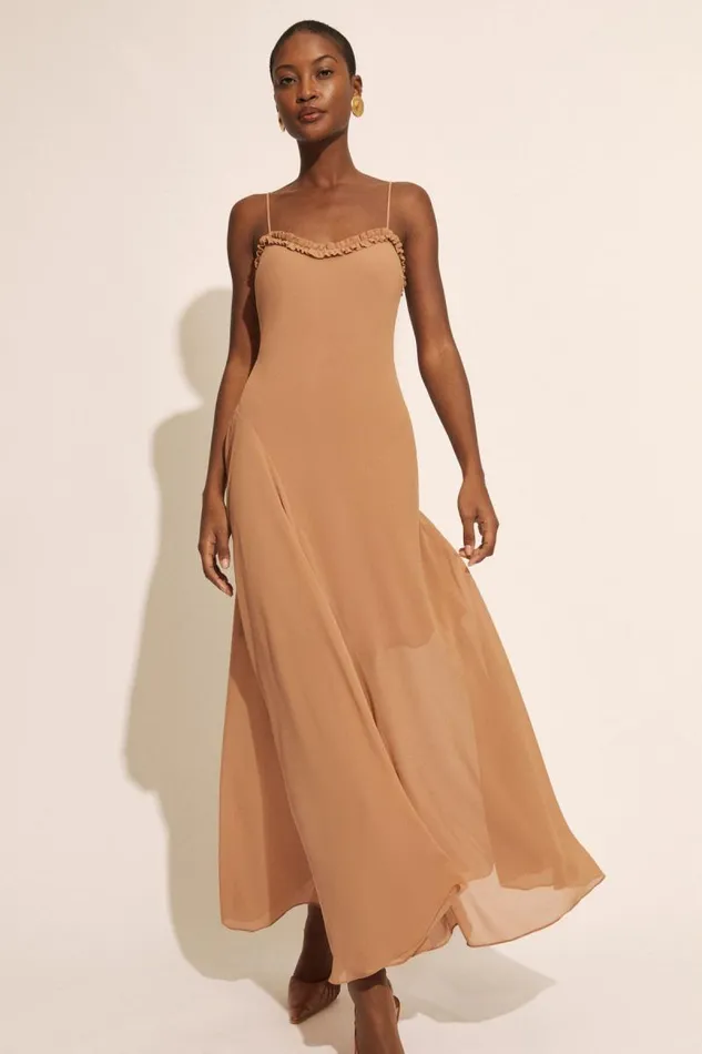 Women Day To Night Dresses Bardot Tatian Frill Trim Maxi Dress In Tan Tan