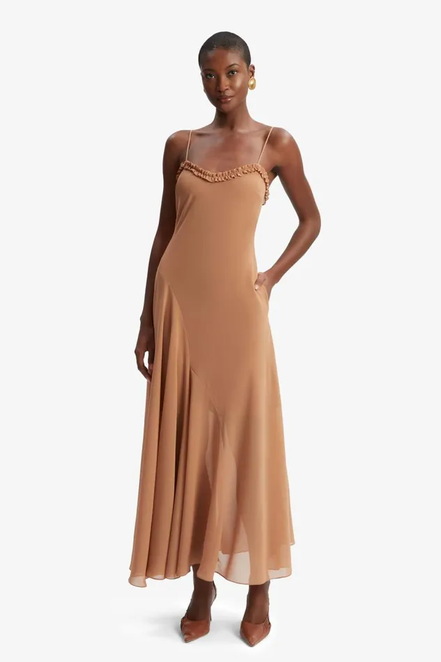 Women Day To Night Dresses Bardot Tatian Frill Trim Maxi Dress In Tan Tan Women Day To Night Dresses Bardot Tatian Frill Trim Maxi Dress In Tan Tan