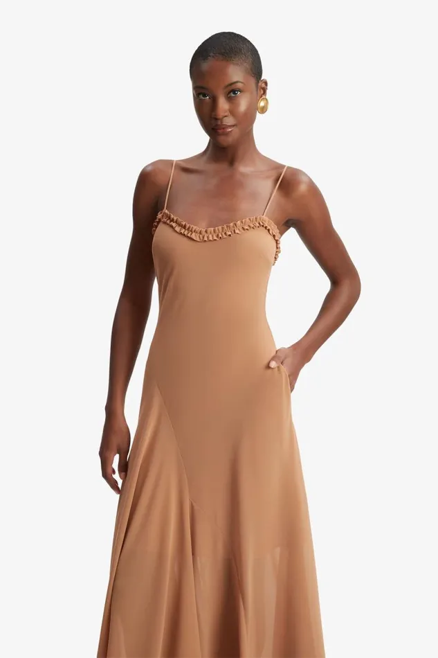 Women Day To Night Dresses Bardot Tatian Frill Trim Maxi Dress In Tan Tan Women Day To Night Dresses Bardot Tatian Frill Trim Maxi Dress In Tan Tan