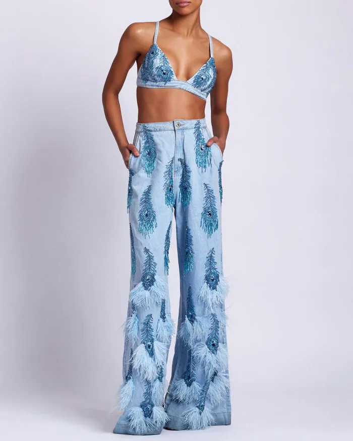 Women Denim PatBO HandBeaded Denim Bralette FINAL SALE Denim