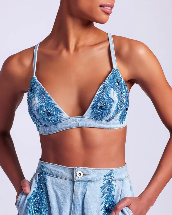 Women Denim PatBO HandBeaded Denim Bralette FINAL SALE Denim