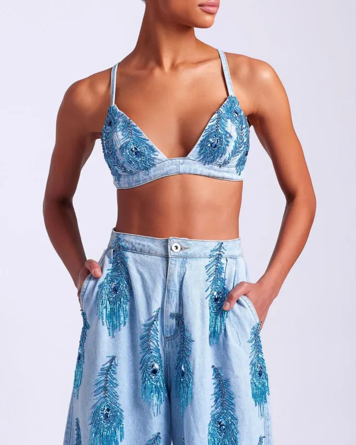 Women Denim PatBO HandBeaded Denim Bralette FINAL SALE Denim