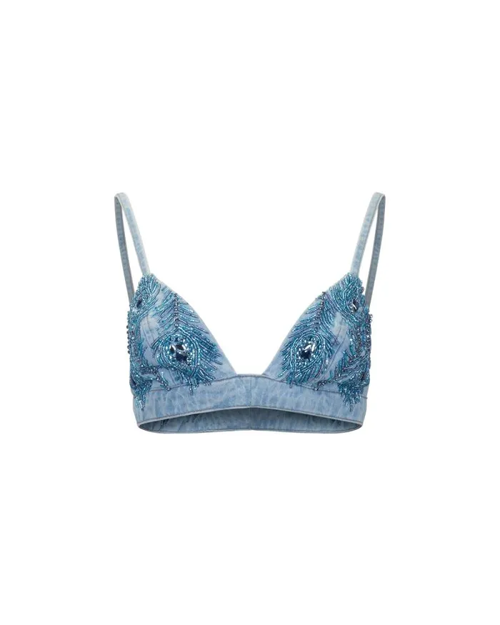 Women Denim PatBO HandBeaded Denim Bralette FINAL SALE Denim