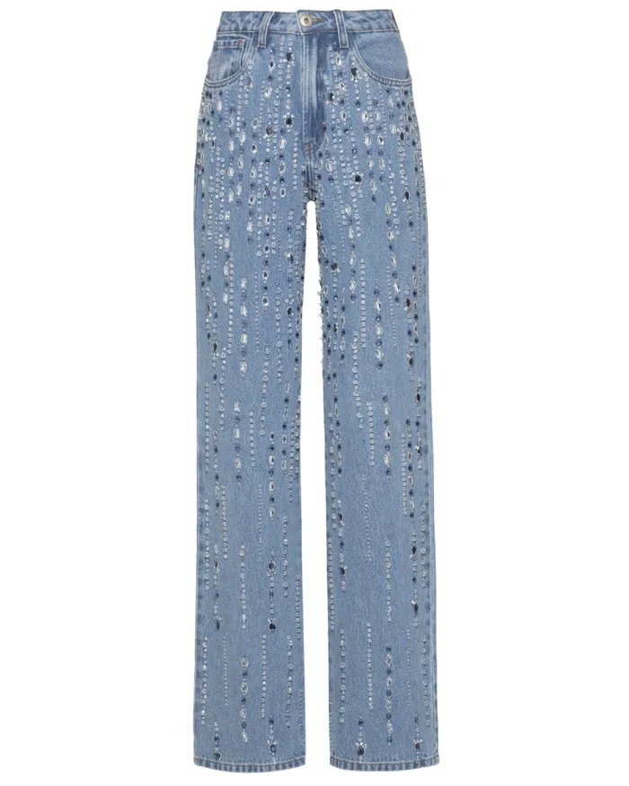 Women Denim PatBO HandBeaded Straight Leg Jeans Denim
