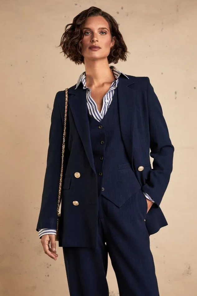Women Double Breasted Blazer Navy Linen Holland Cooper Tailoring