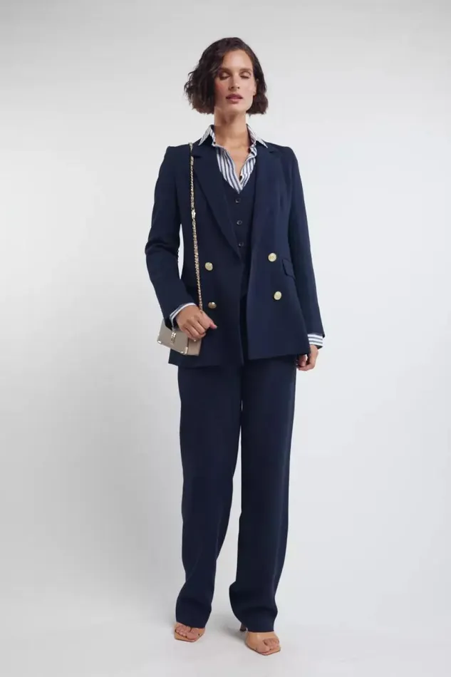 Women Double Breasted Blazer Navy Linen Holland Cooper Tailoring
