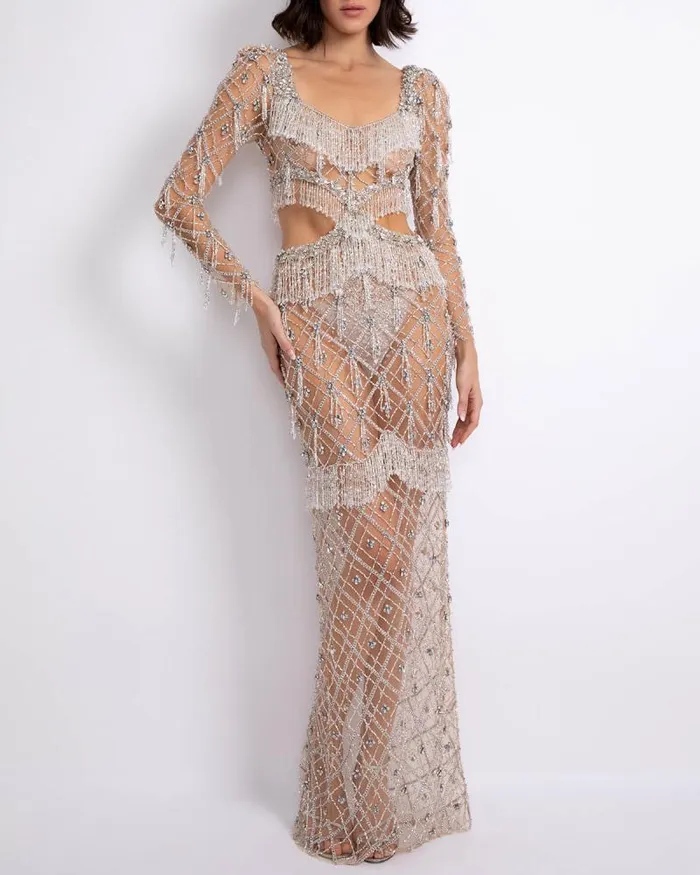 Women Dresses and Jumpsuits PatBO Fully Beaded Long Sleeve Gown RUNWAY Silver