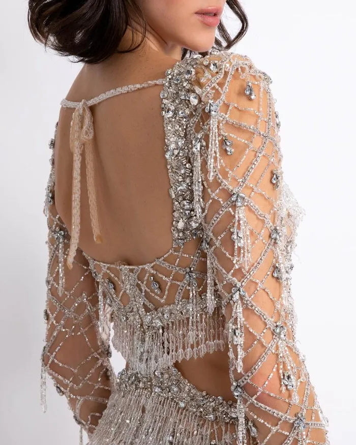 Women Dresses and Jumpsuits PatBO Fully Beaded Long Sleeve Gown RUNWAY Silver