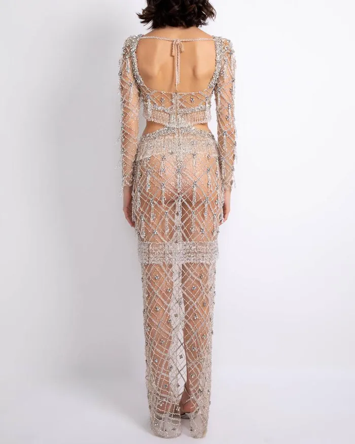 Women Dresses and Jumpsuits PatBO Fully Beaded Long Sleeve Gown RUNWAY Silver