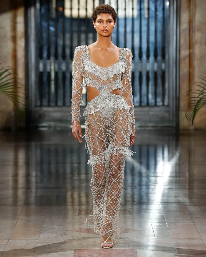 Women Dresses and Jumpsuits PatBO Fully Beaded Long Sleeve Gown RUNWAY Silver