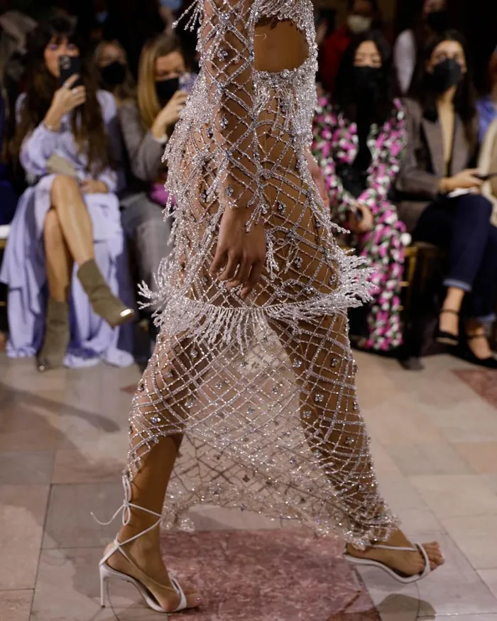 Women Dresses and Jumpsuits PatBO Fully Beaded Long Sleeve Gown RUNWAY Silver