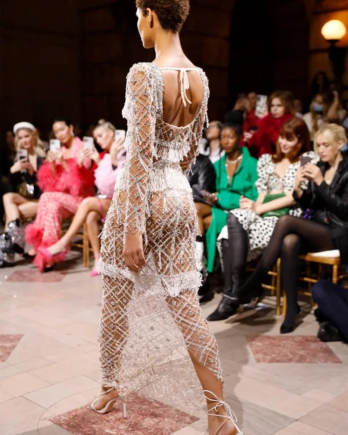 Women Dresses and Jumpsuits PatBO Fully Beaded Long Sleeve Gown RUNWAY Silver
