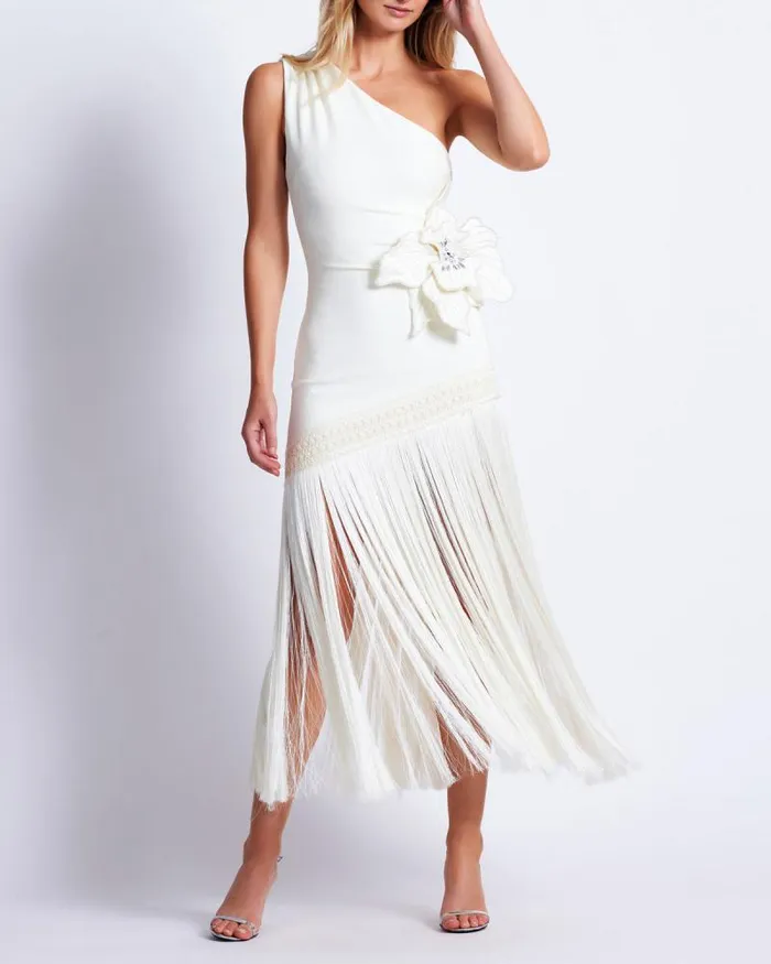 Women Dresses and Jumpsuits PatBO One Shoulder Flower Applique Dress FINAL SALE Ivory