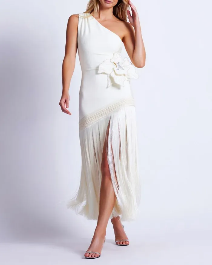 Women Dresses and Jumpsuits PatBO One Shoulder Flower Applique Dress FINAL SALE Ivory