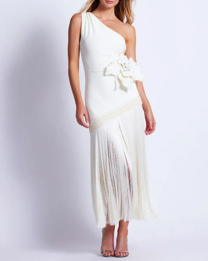 Women Dresses and Jumpsuits PatBO One Shoulder Flower Applique Dress FINAL SALE Ivory