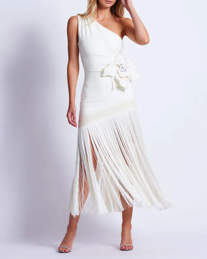 Women Dresses and Jumpsuits PatBO One Shoulder Flower Applique Dress FINAL SALE Ivory