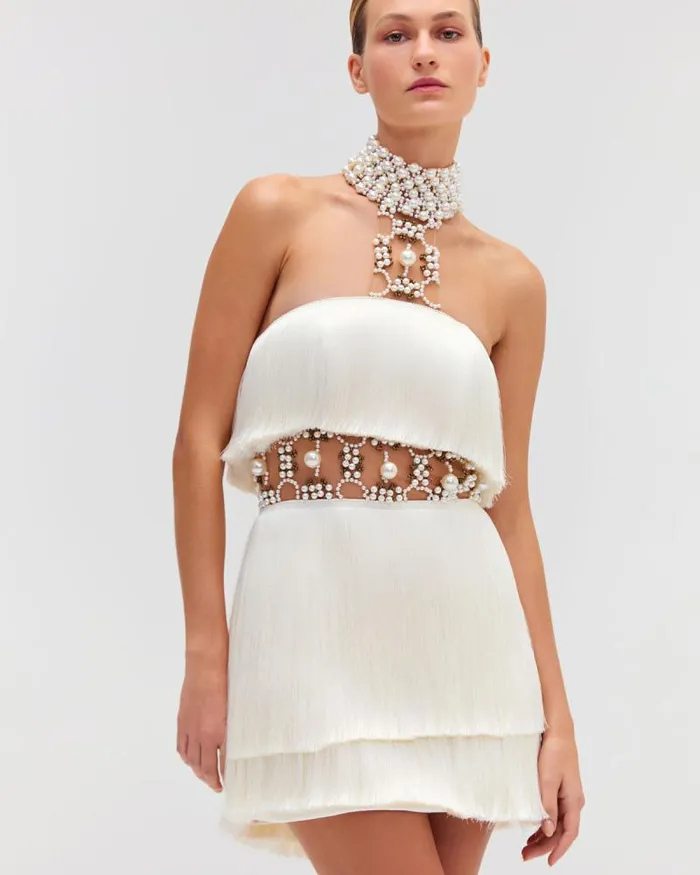 Women Dresses and Jumpsuits PatBO PEARL AND FRINGE HALTERNECK MINI DRESS EXCLUSIVE White