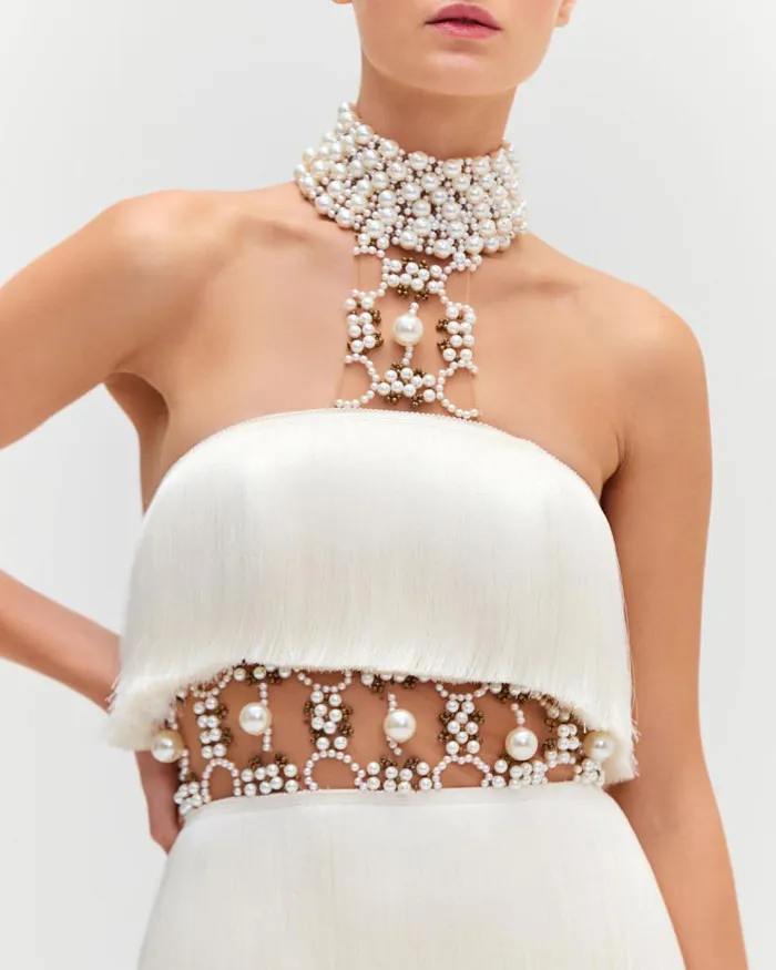 Women Dresses and Jumpsuits PatBO PEARL AND FRINGE HALTERNECK MINI DRESS EXCLUSIVE White