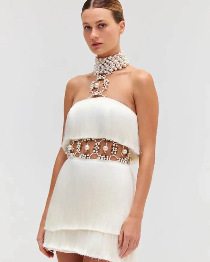 Women Dresses and Jumpsuits PatBO PEARL AND FRINGE HALTERNECK MINI DRESS EXCLUSIVE White
