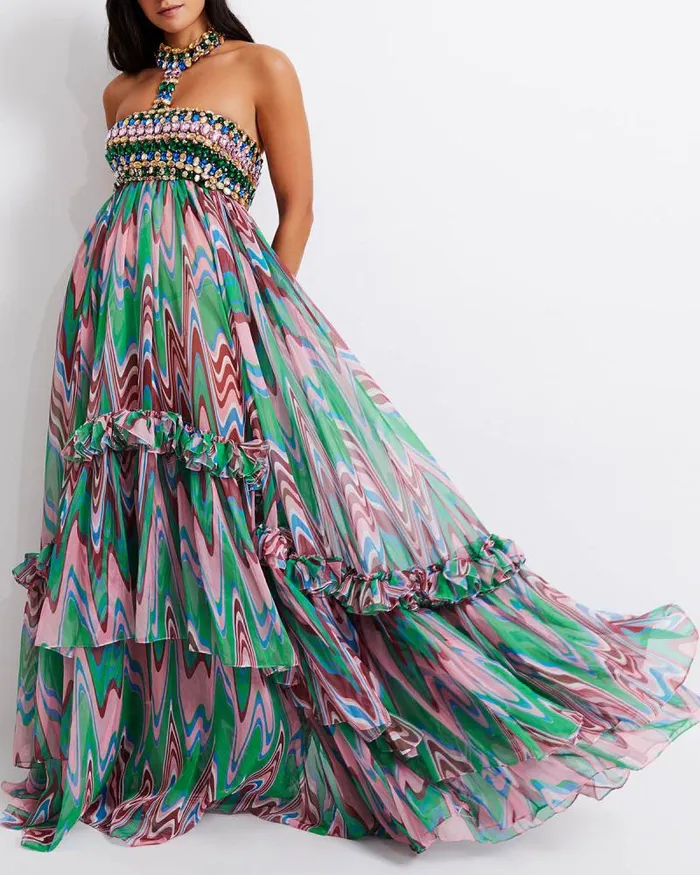Women Dresses and Jumpsuits PatBO Wave HandBeaded Gown EXCLUSIVE FINAL SALE Green Multi