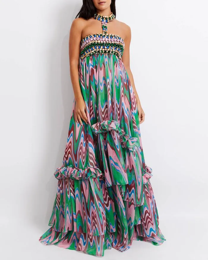 Women Dresses and Jumpsuits PatBO Wave HandBeaded Gown EXCLUSIVE FINAL SALE Green Multi