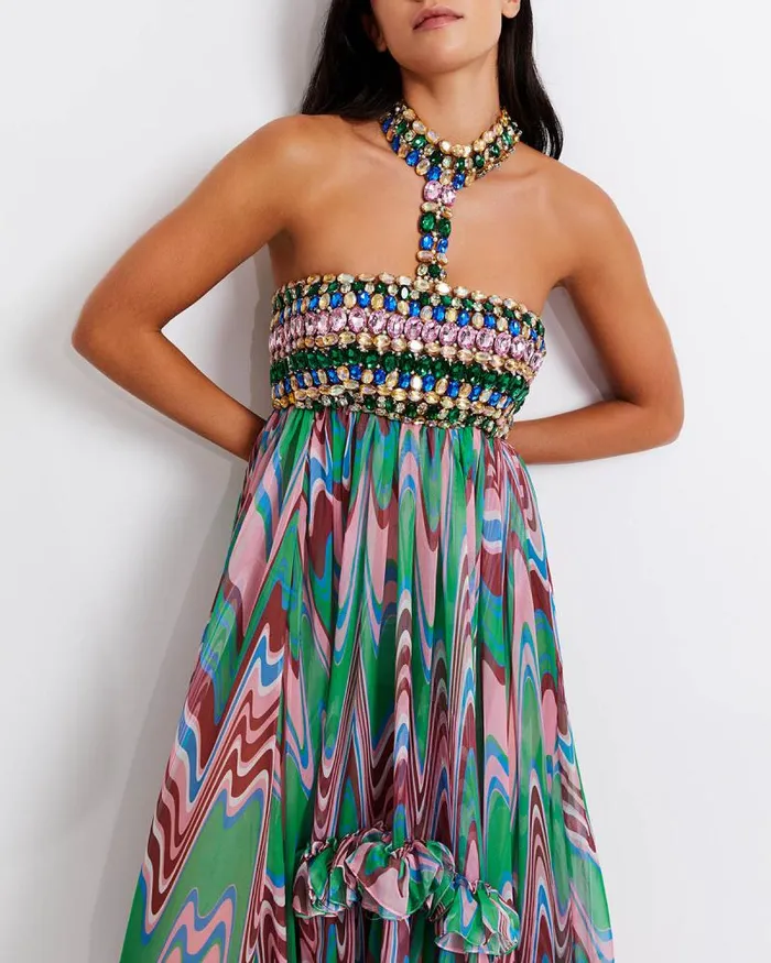 Women Dresses and Jumpsuits PatBO Wave HandBeaded Gown EXCLUSIVE FINAL SALE Green Multi