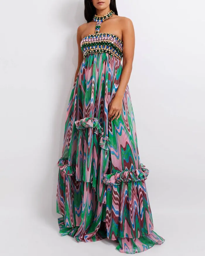 Women Dresses and Jumpsuits PatBO Wave HandBeaded Gown EXCLUSIVE FINAL SALE Green Multi