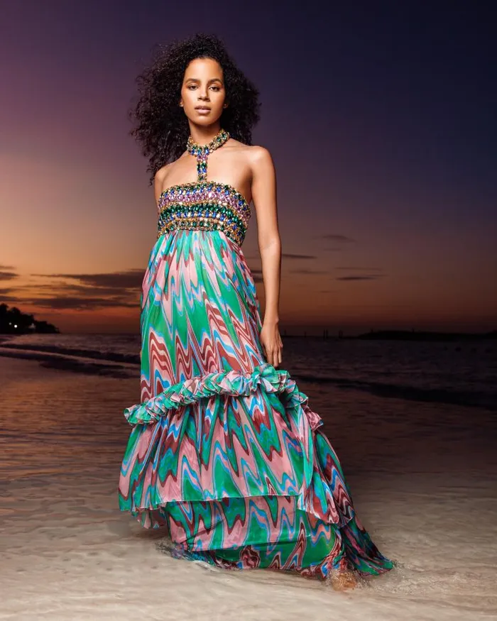 Women Dresses and Jumpsuits PatBO Wave HandBeaded Gown EXCLUSIVE FINAL SALE Green Multi