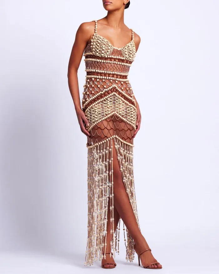 Women Dresses and Jumpsuits PatBO Wood And Crystal Beaded Gown RUNWAY Natural