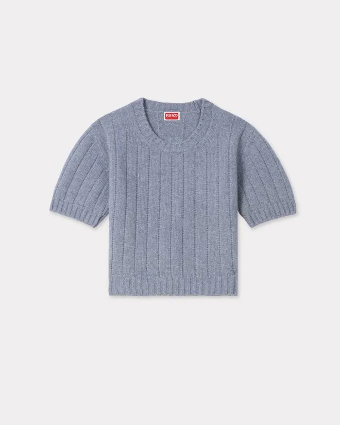 Women Embroidered Ribknit Top In Wool And Cashmere Misty Grey Kenzo Sweaters And Cardigans Women Embroidered Ribknit Top In Wool And Cashmere Misty Grey Kenzo Sweaters And Cardigans