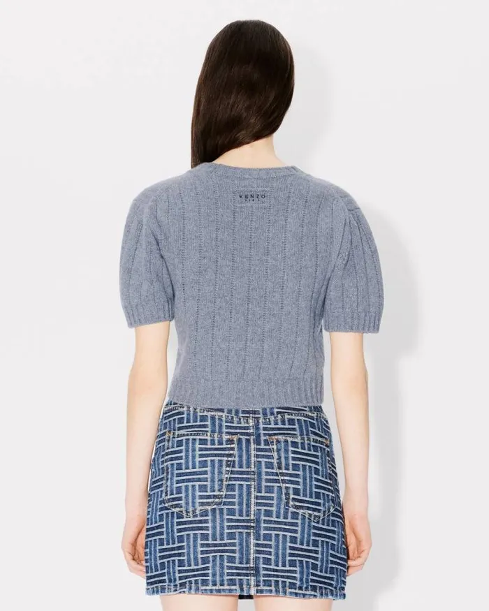 Women Embroidered Ribknit Top In Wool And Cashmere Misty Grey Kenzo Sweaters And Cardigans