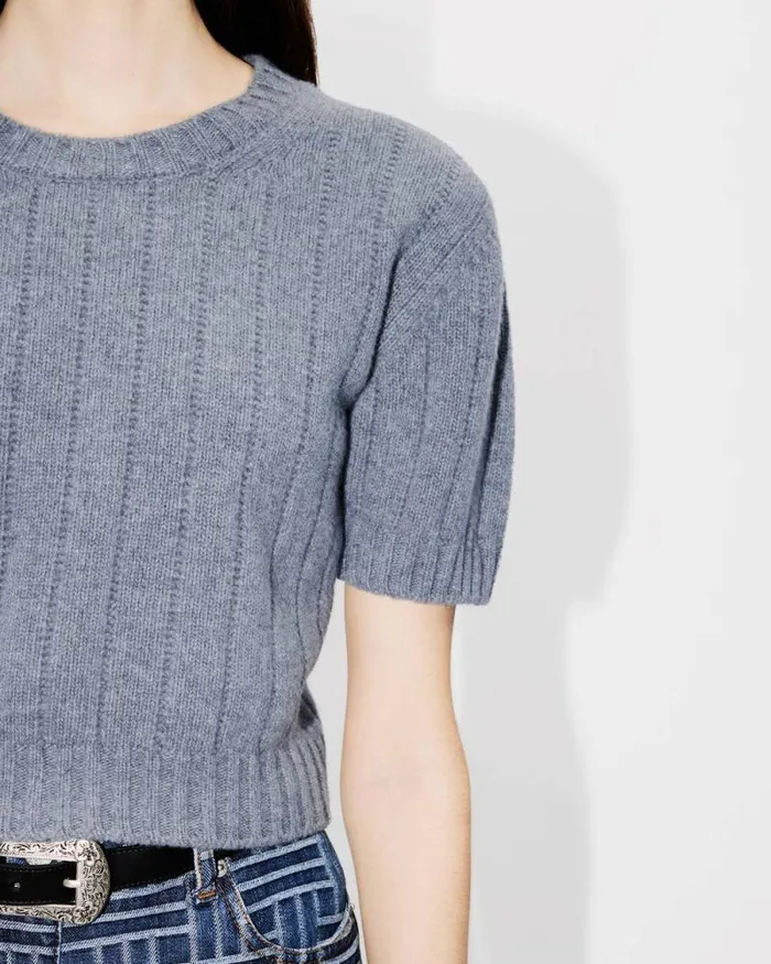 Women Embroidered Ribknit Top In Wool And Cashmere Misty Grey Kenzo Sweaters And Cardigans