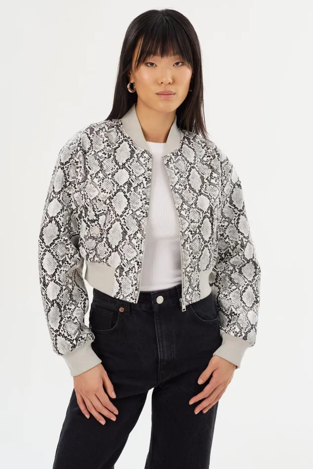 Women EVELIN Faux Leather Cropped Bomber Python Print LAMARQUE Bombers