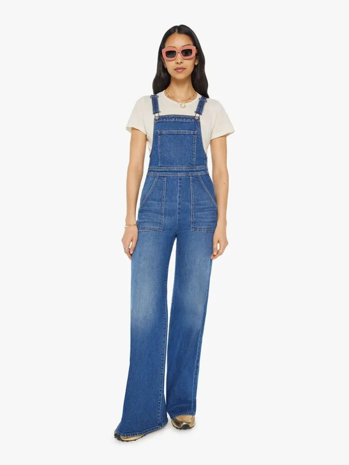 Women Flare Mother Denim High Waisted Twister Overall Sneak Blue
