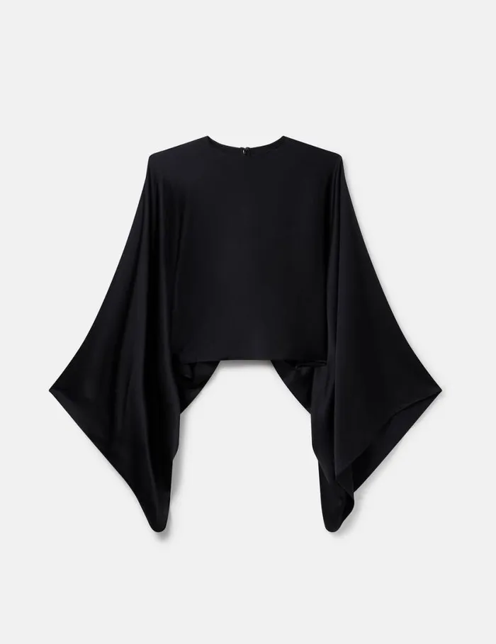 Women Flared Sleeve Satin Top Midnight Black Stella McCartney Shirts And Tops