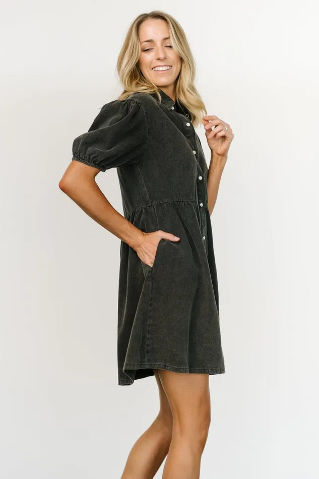 Women Fontana Puff Sleeve Short Dress Washed Black Baltic Born Short Dresses Women Fontana Puff Sleeve Short Dress Washed Black Baltic Born Short Dresses