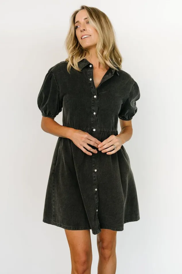 Women Fontana Puff Sleeve Short Dress Washed Black Baltic Born Short Dresses Women Fontana Puff Sleeve Short Dress Washed Black Baltic Born Short Dresses