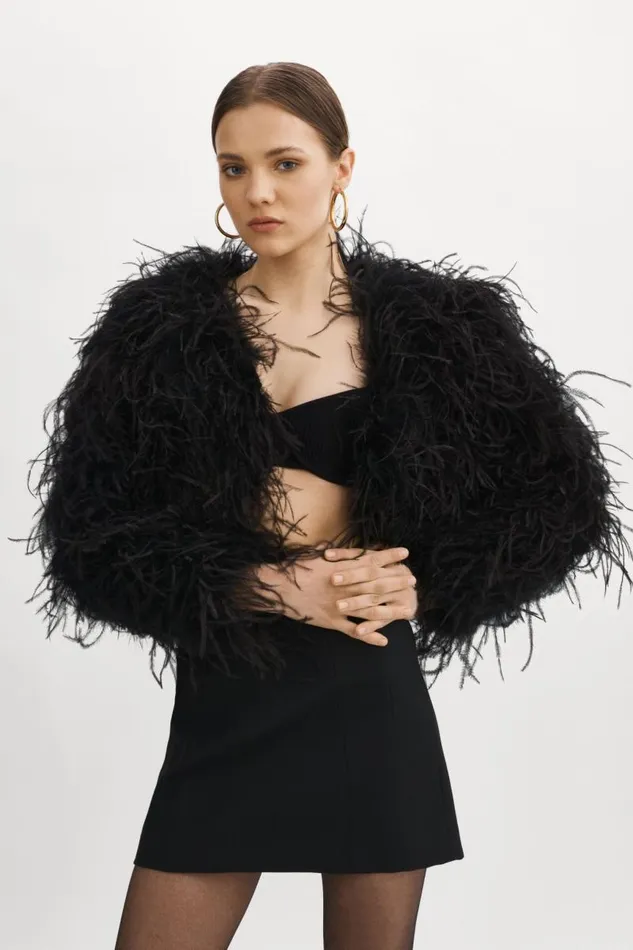 Women HALLIE Ostrich Feather Jacket Black LAMARQUE Feather Jackets
