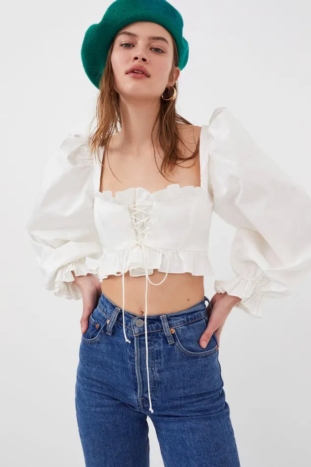 Women Heather Long Sleeve Corset Top White For Love and Lemons Tops