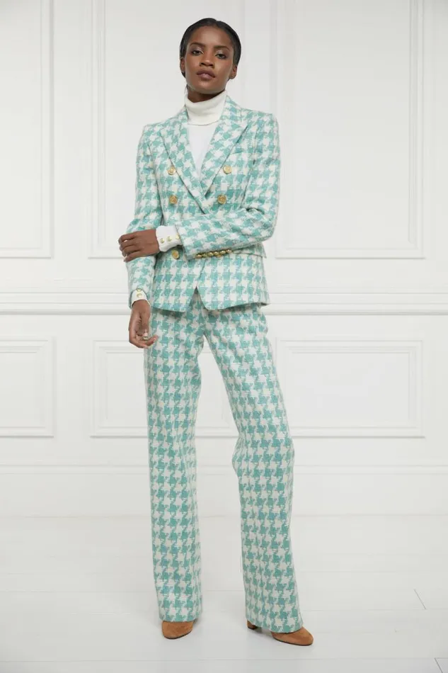 Women High Waisted Straight Trouser Large Scale Teal Houndstooth Holland Cooper Tailoring