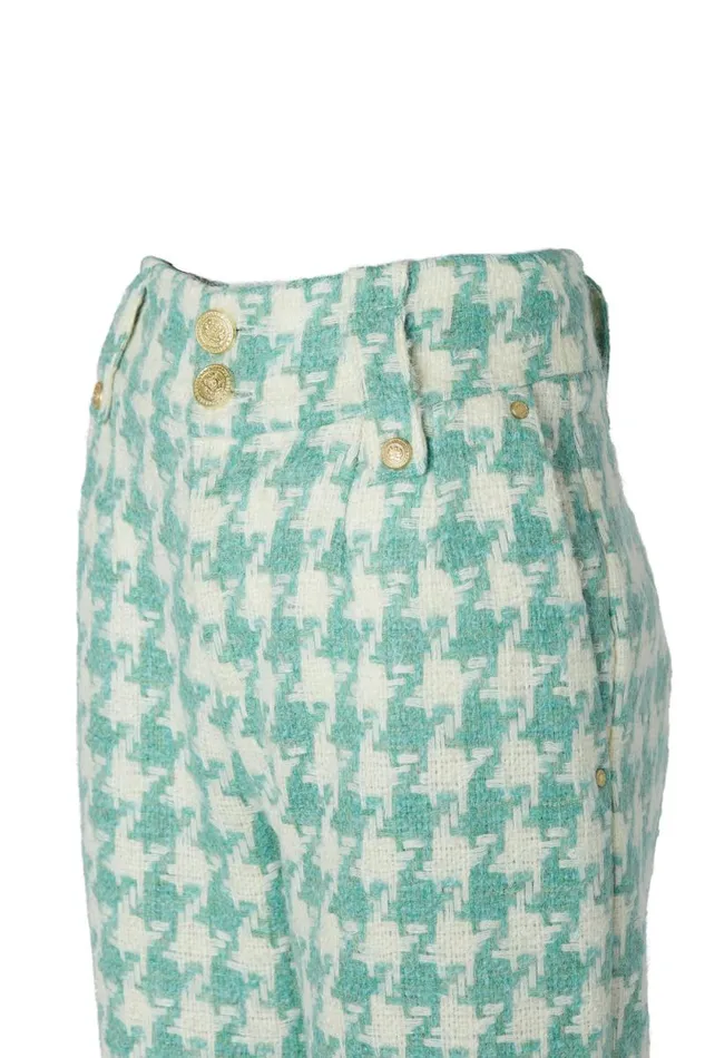 Women High Waisted Straight Trouser Large Scale Teal Houndstooth Holland Cooper Tailoring Women High Waisted Straight Trouser Large Scale Teal Houndstooth Holland Cooper Tailoring