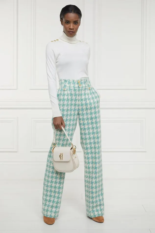 Women High Waisted Straight Trouser Large Scale Teal Houndstooth Holland Cooper Tailoring Women High Waisted Straight Trouser Large Scale Teal Houndstooth Holland Cooper Tailoring