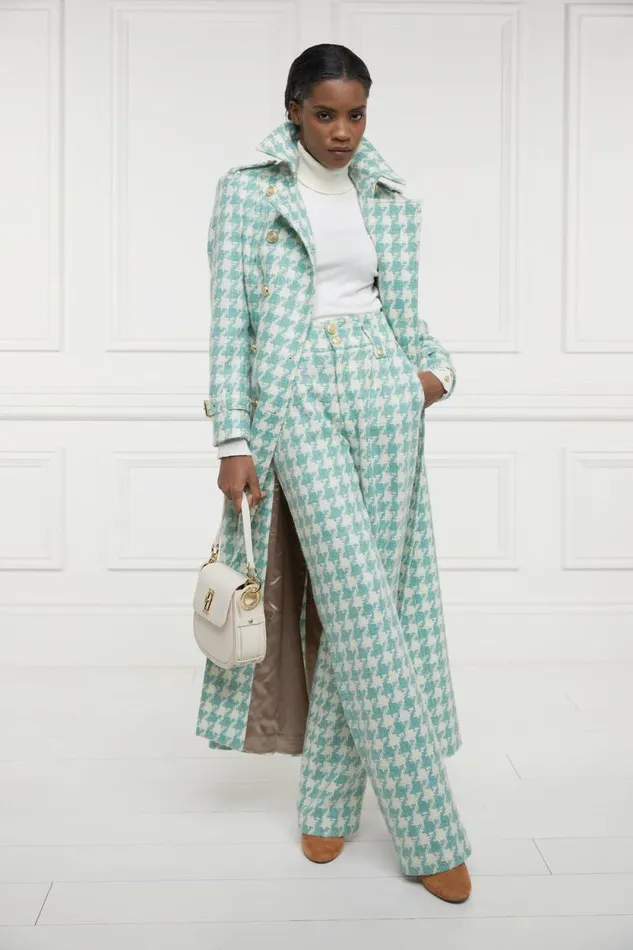 Women High Waisted Straight Trouser Large Scale Teal Houndstooth Holland Cooper Tailoring Women High Waisted Straight Trouser Large Scale Teal Houndstooth Holland Cooper Tailoring