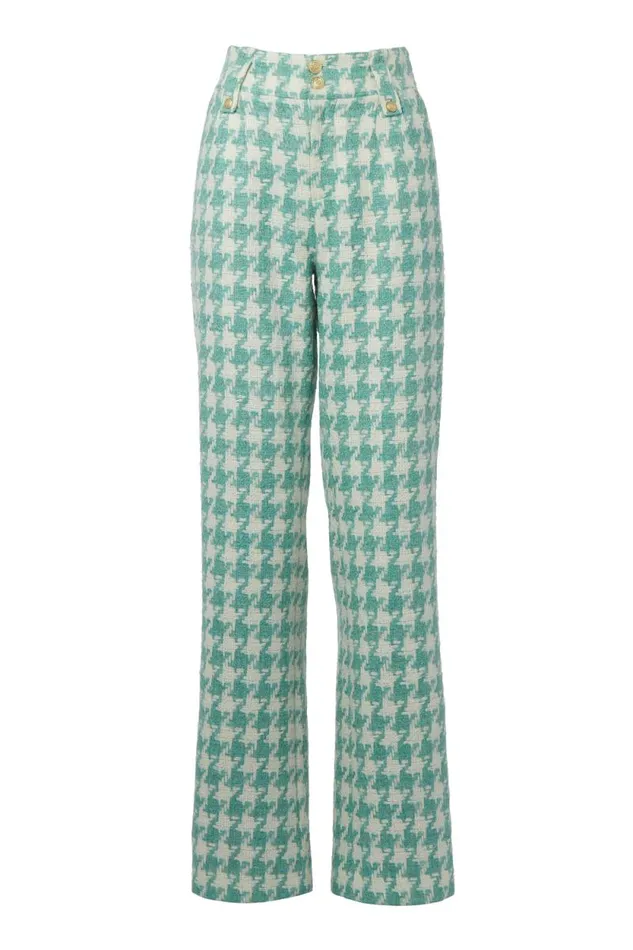 Women High Waisted Straight Trouser Large Scale Teal Houndstooth Holland Cooper Tailoring Women High Waisted Straight Trouser Large Scale Teal Houndstooth Holland Cooper Tailoring